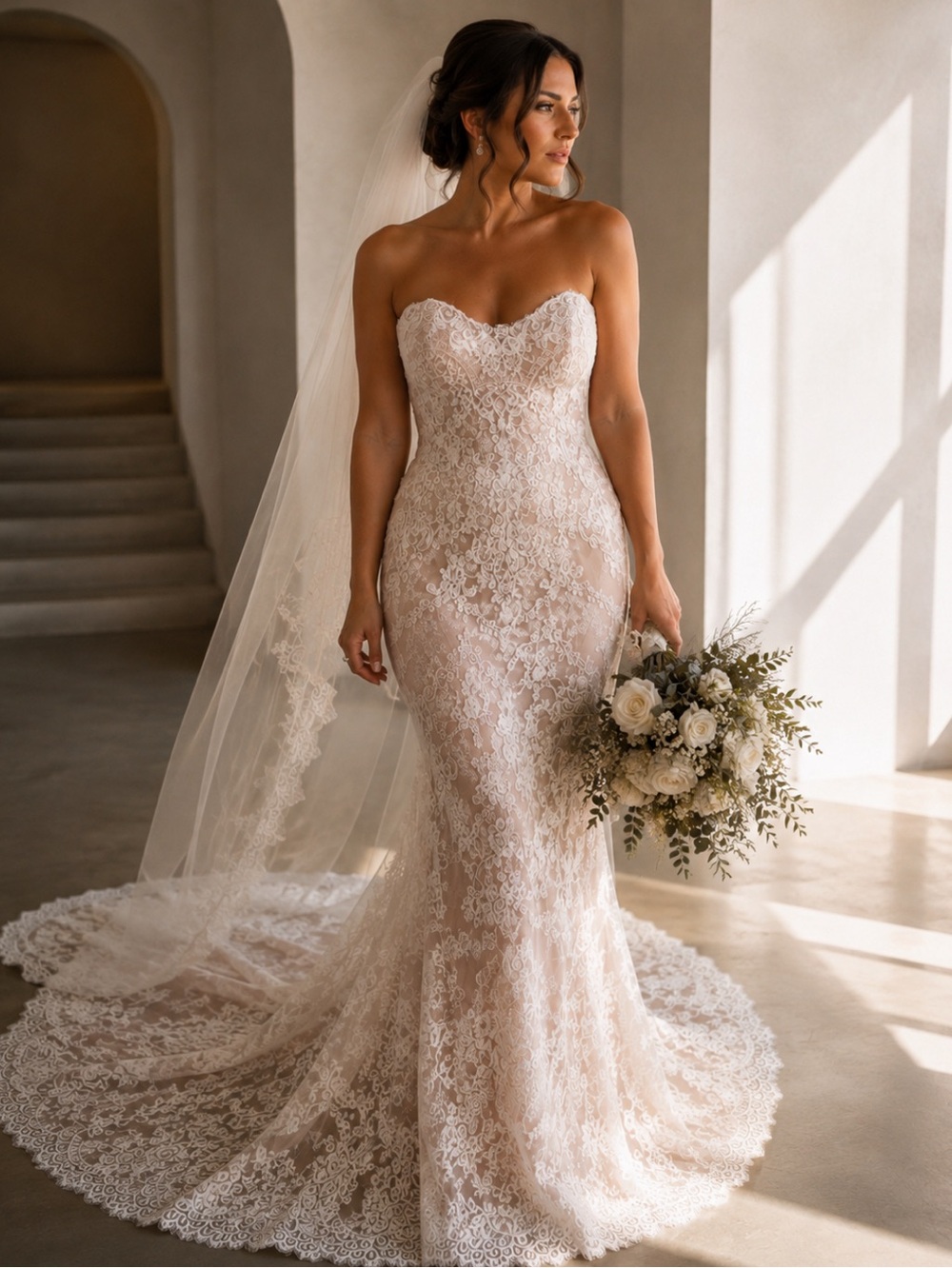 Essence of Australia Lace Mermaid Wedding Dress bride Ivory/Nude sweetheart